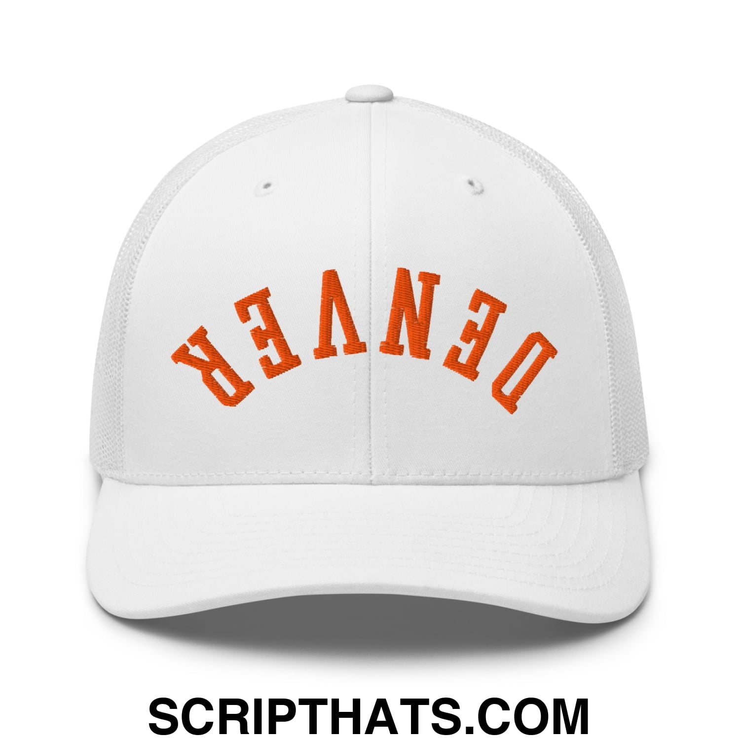 Upside Down Denver Football Embroidered Mesh Trucker Hat White