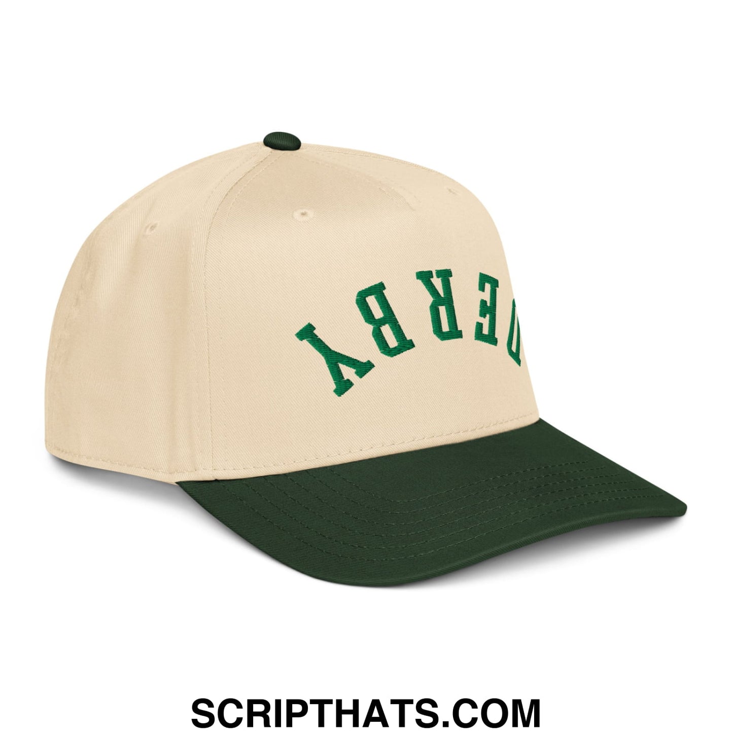 Upside Down Derby Embroidered Baseball Snapback Hat Dark Green Natural