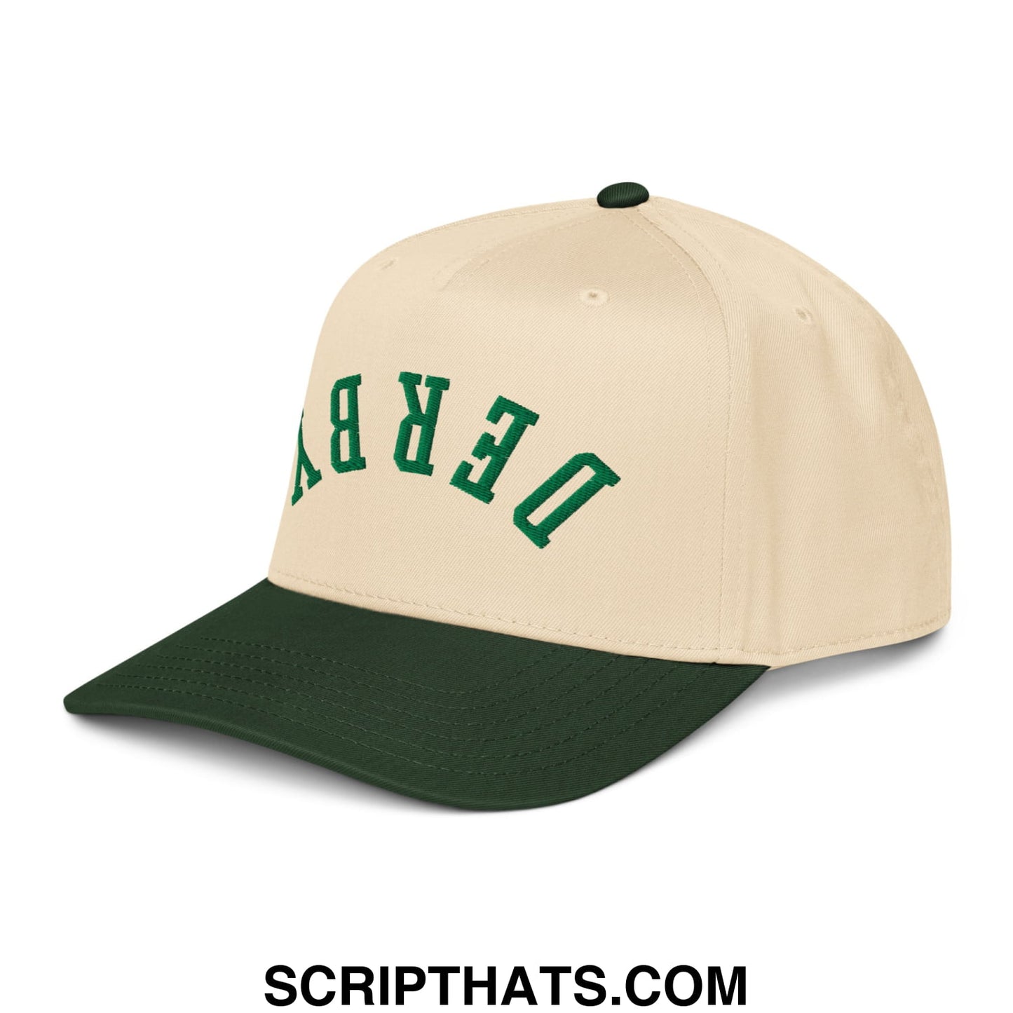 Upside Down Derby Embroidered Baseball Snapback Hat Dark Green Natural