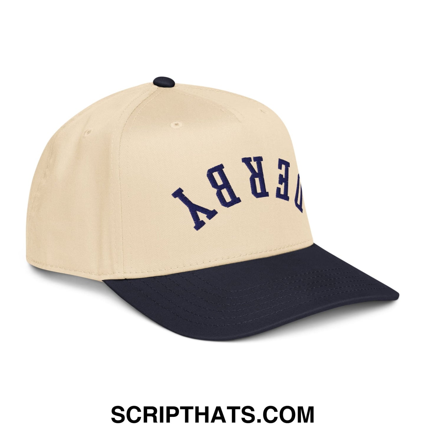 Upside Down Derby Embroidered Baseball Snapback Hat Navy Natural