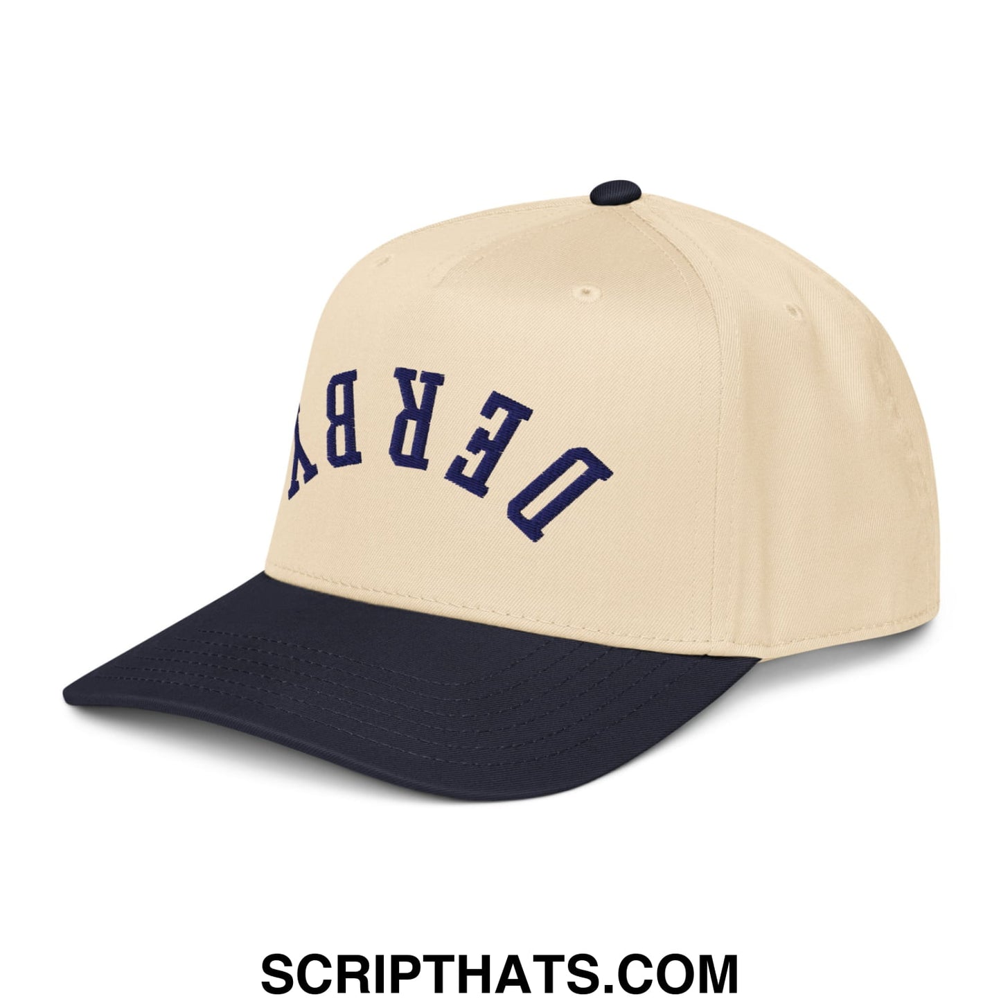 Upside Down Derby Embroidered Baseball Snapback Hat Navy Natural