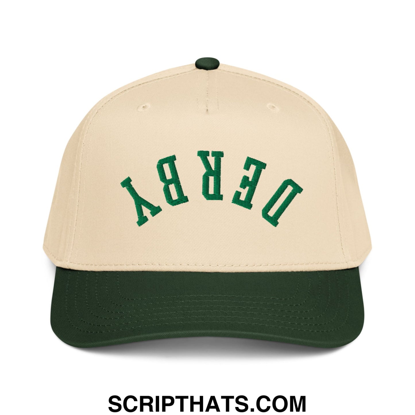 Upside Down Derby Embroidered Baseball Snapback Hat Dark Green Natural