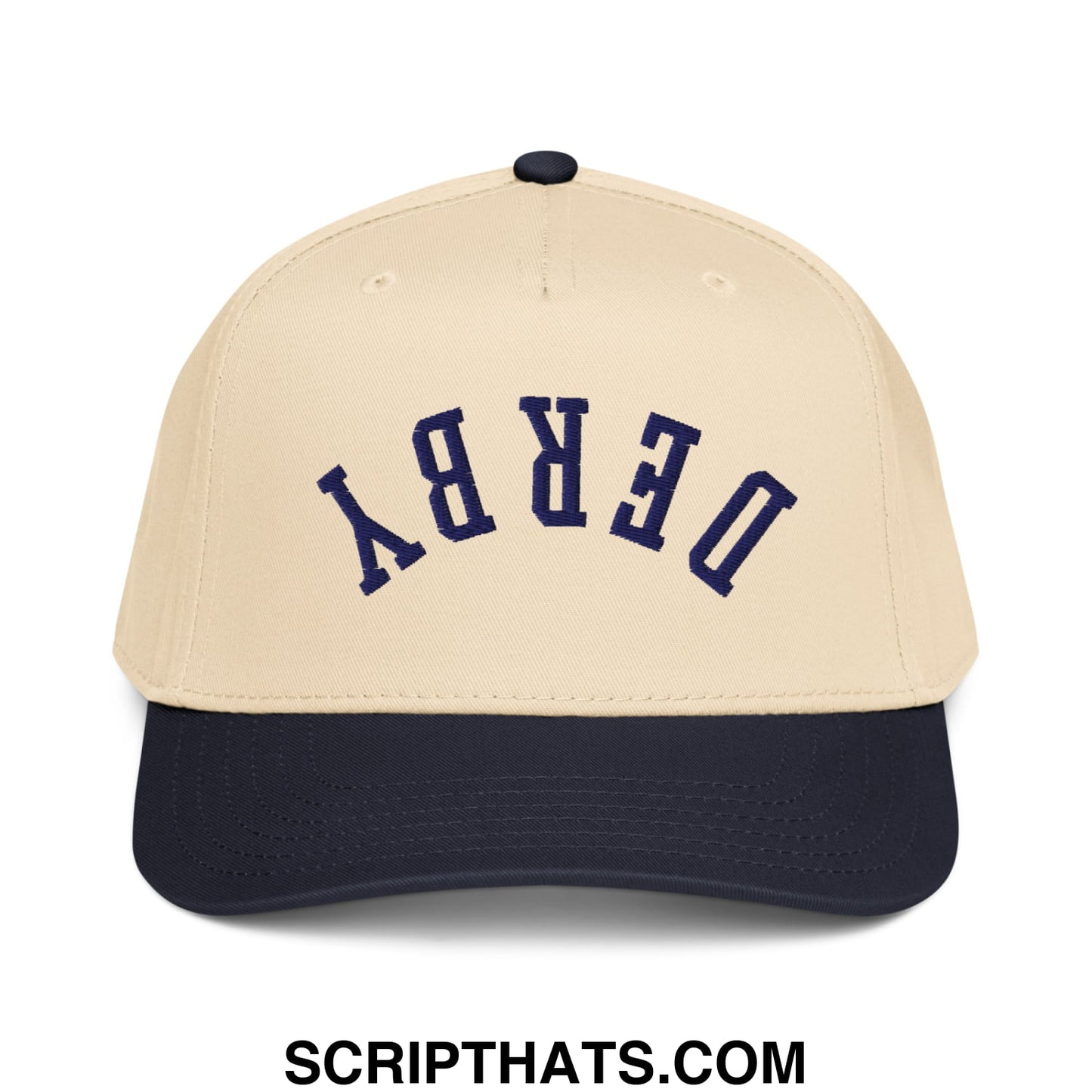 Upside Down Derby Embroidered Baseball Snapback Hat Navy Natural