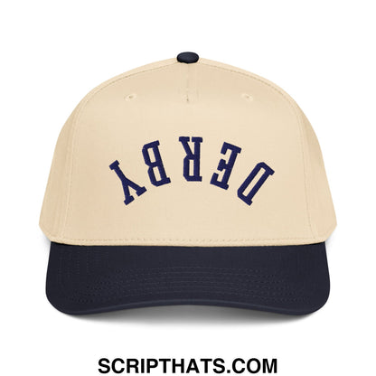 Upside Down Derby Embroidered Baseball Snapback Hat Navy Natural