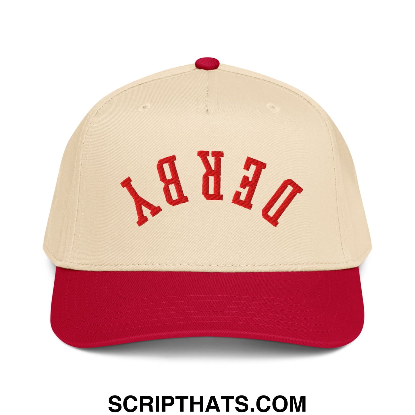 Upside Down Derby Embroidered Baseball Snapback Hat Red Natural