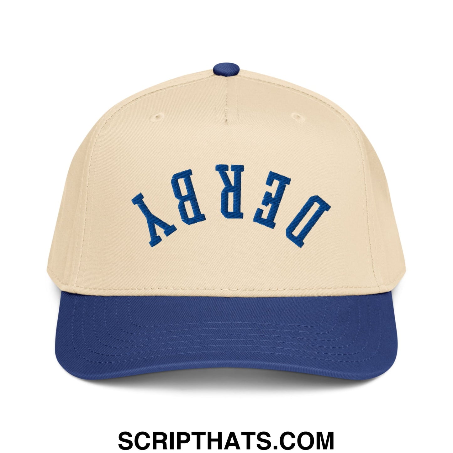 Upside Down Derby Embroidered Baseball Snapback Hat Royal Natural