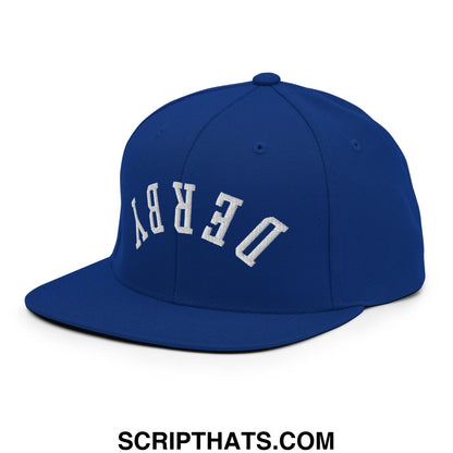 Upside Down Derby Embroidered Flat Bill Brim Snapback Hat Royal Blue