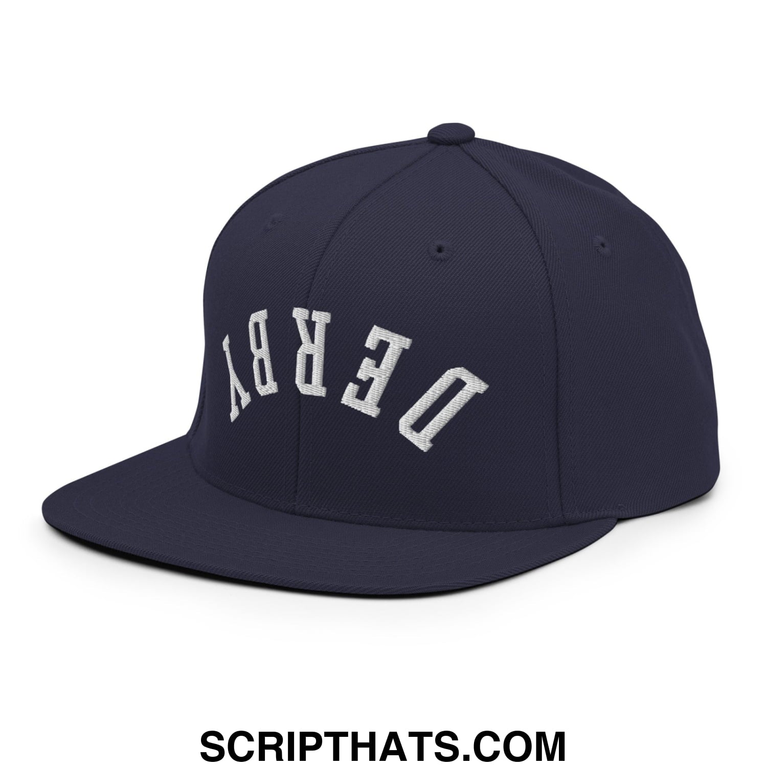 Upside Down Derby Embroidered Flat Bill Brim Snapback Hat Navy