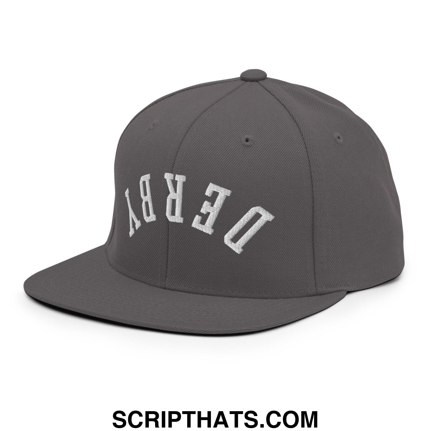 Upside Down Derby Embroidered Flat Bill Brim Snapback Hat Dark Grey
