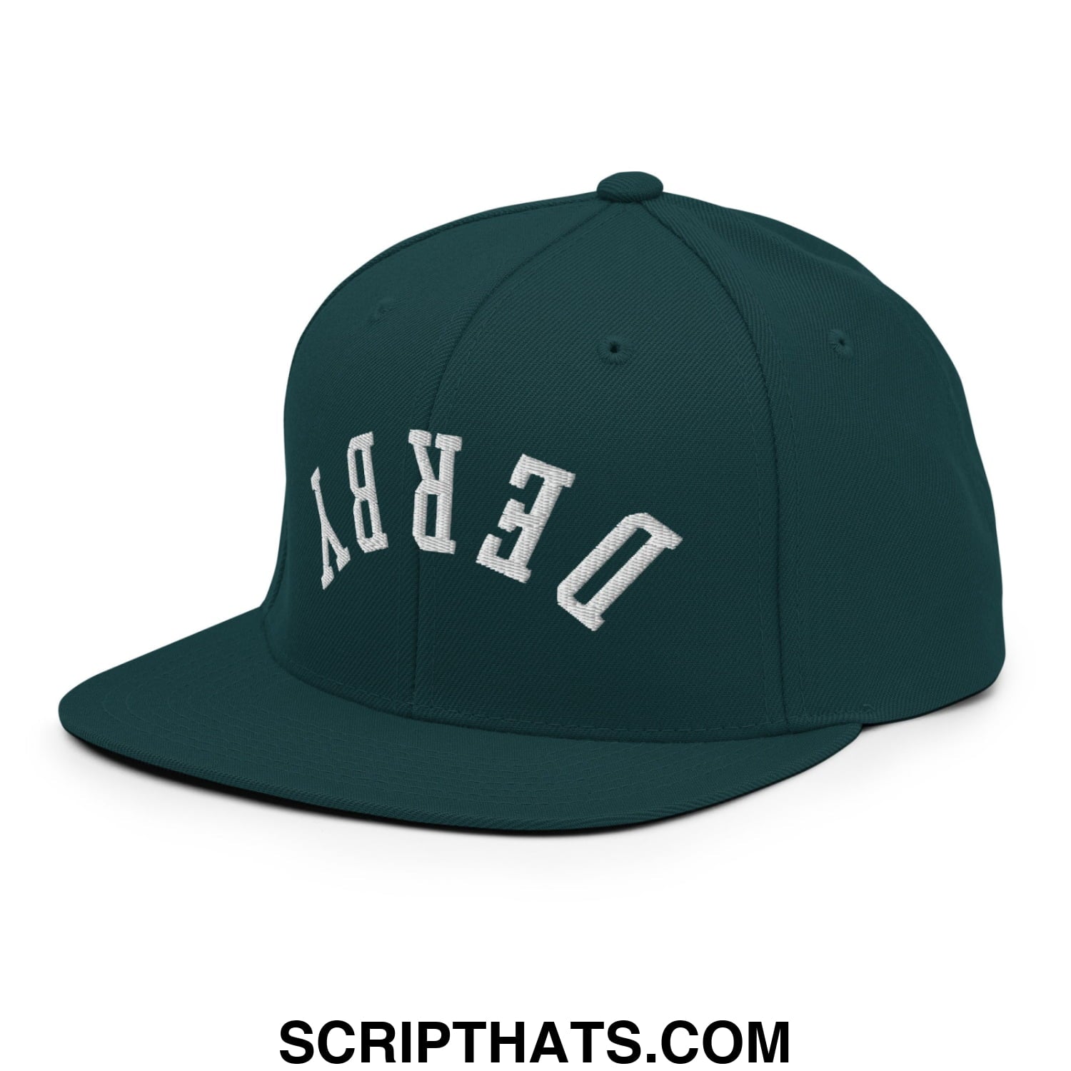 Upside Down Derby Embroidered Flat Bill Brim Snapback Hat Spruce