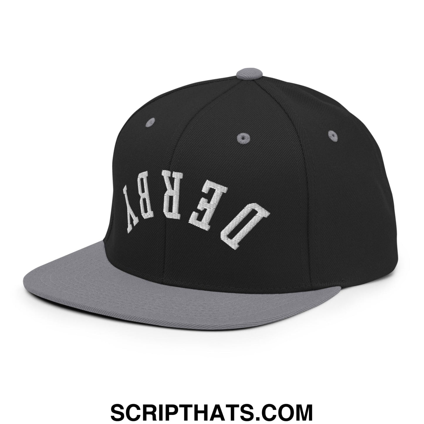 Upside Down Derby Embroidered Flat Bill Brim Snapback Hat Black Silver
