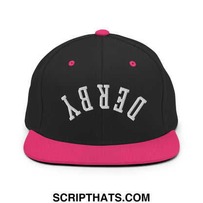 Upside Down Derby Embroidered Flat Bill Brim Snapback Hat Black Neon Pink