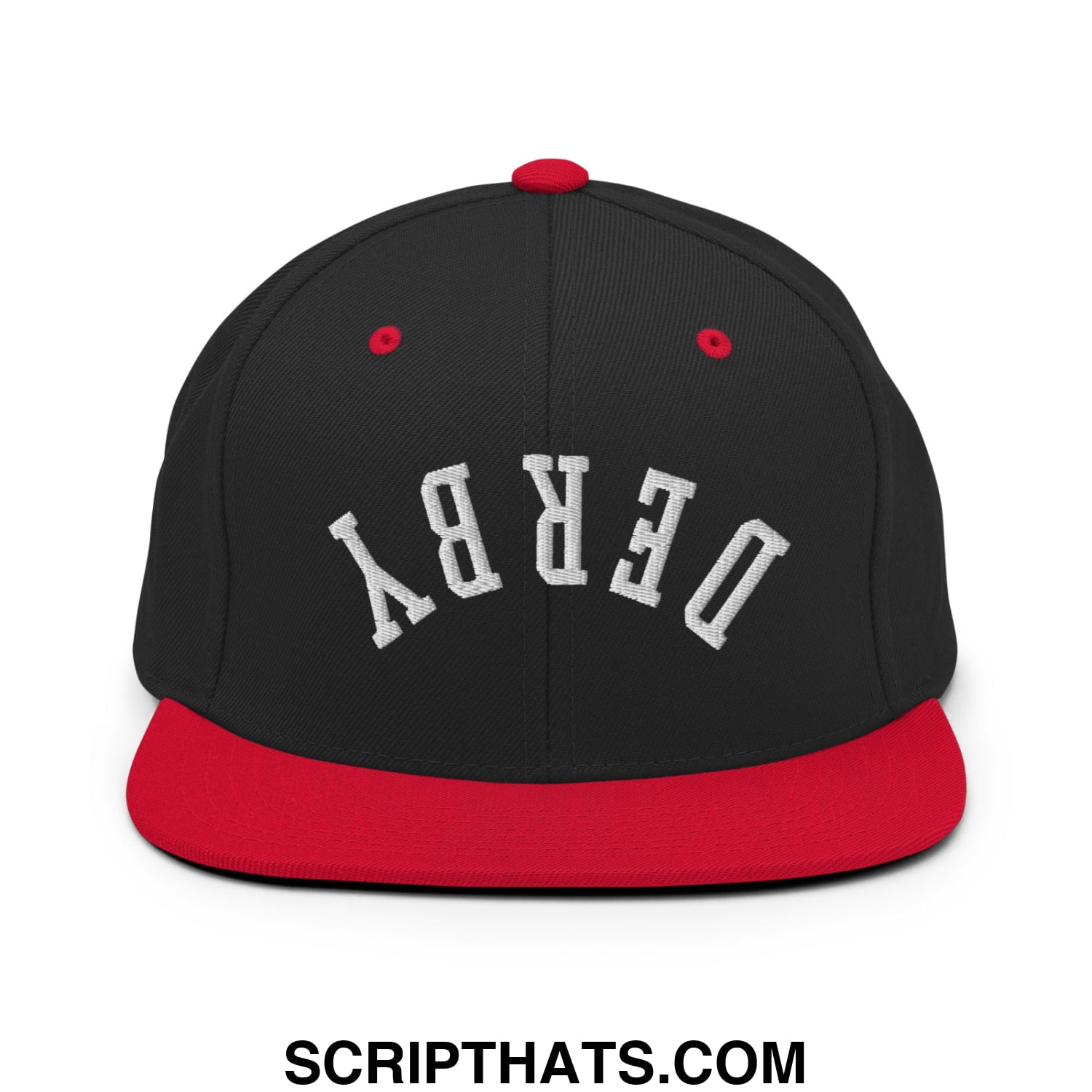 Upside Down Derby Embroidered Flat Bill Brim Snapback Hat Black Red