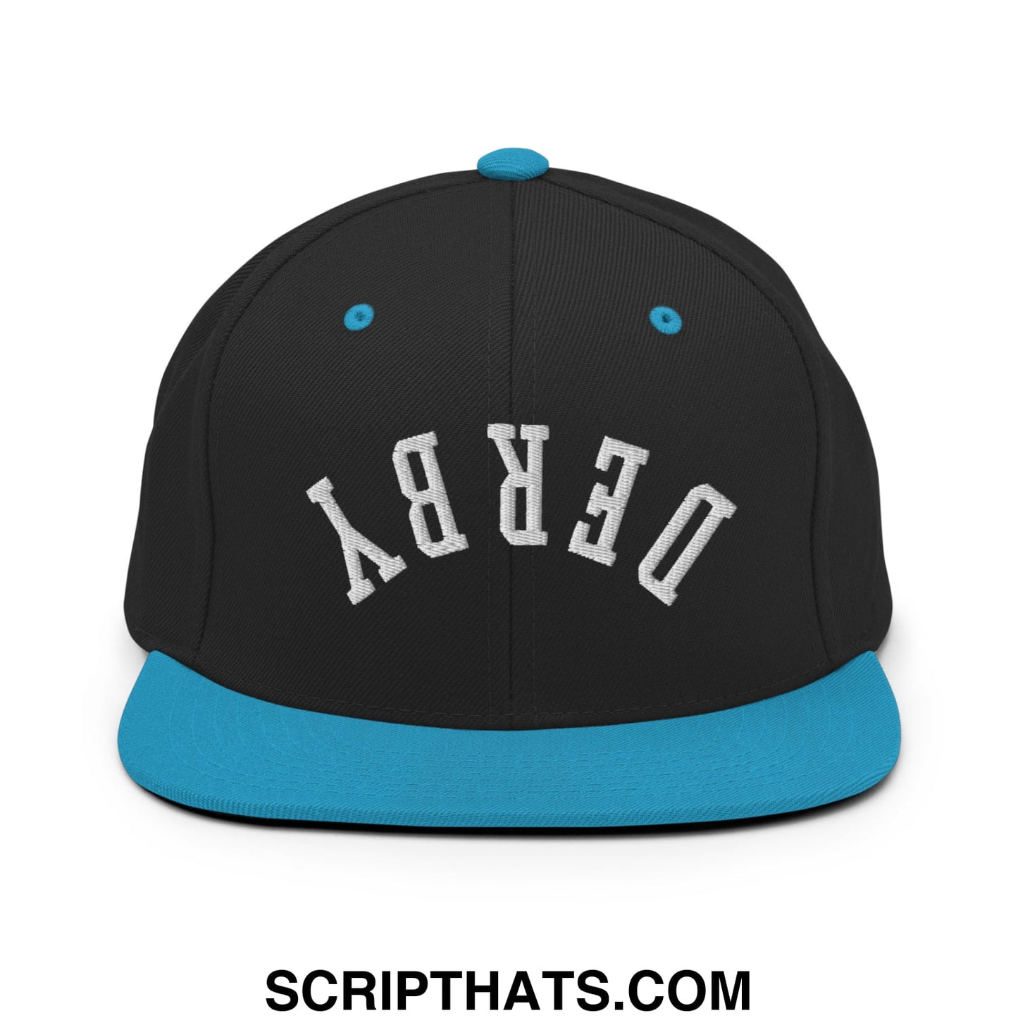Upside Down Derby Embroidered Flat Bill Brim Snapback Hat Black Teal