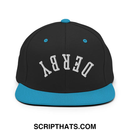 Upside Down Derby Embroidered Flat Bill Brim Snapback Hat Black Teal