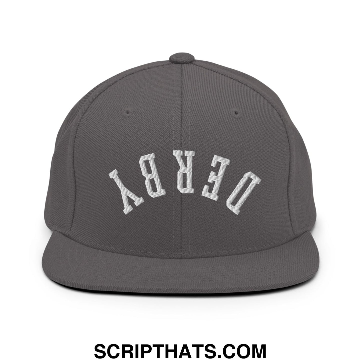 Upside Down Derby Embroidered Flat Bill Brim Snapback Hat Dark Grey