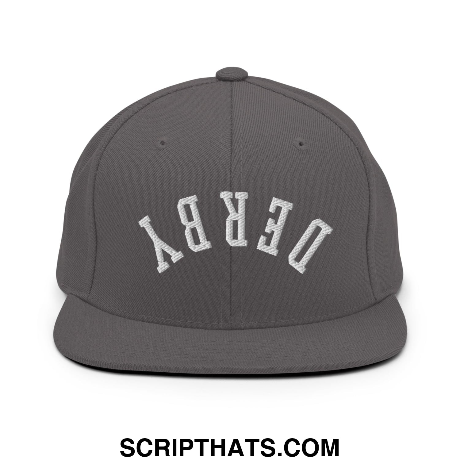Upside Down Derby Embroidered Flat Bill Brim Snapback Hat Dark Grey