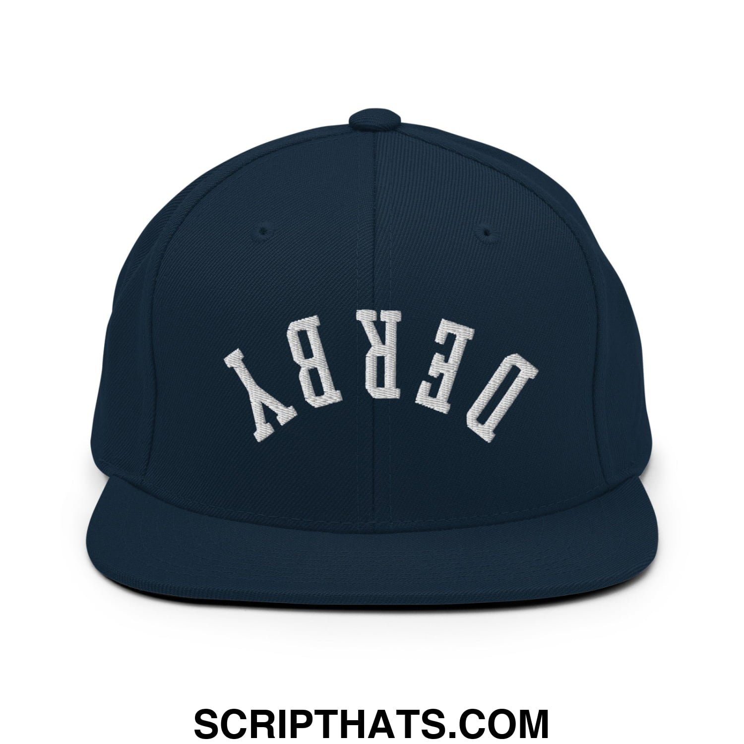 Upside Down Derby Embroidered Flat Bill Brim Snapback Hat Dark Navy