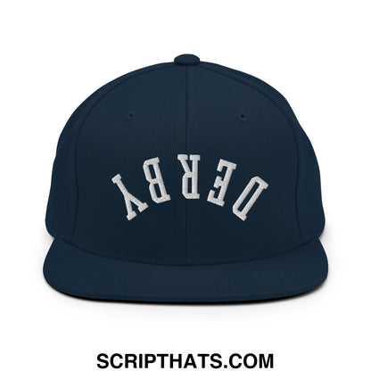 Upside Down Derby Embroidered Flat Bill Brim Snapback Hat Dark Navy