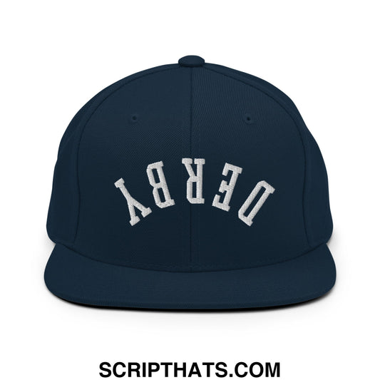 Upside Down Derby Embroidered Flat Bill Brim Snapback Hat Dark Navy