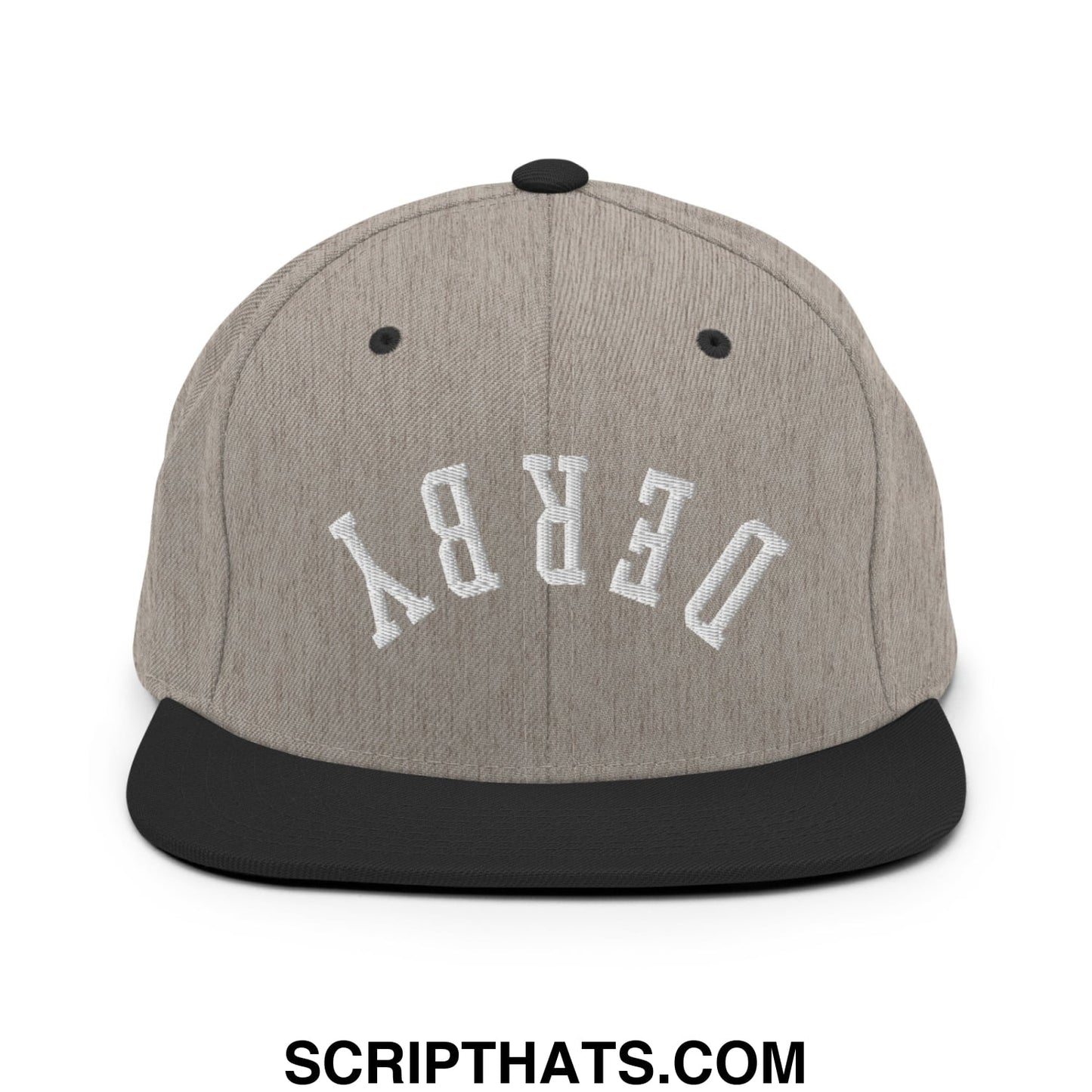 Upside Down Derby Embroidered Flat Bill Brim Snapback Hat Heather Black