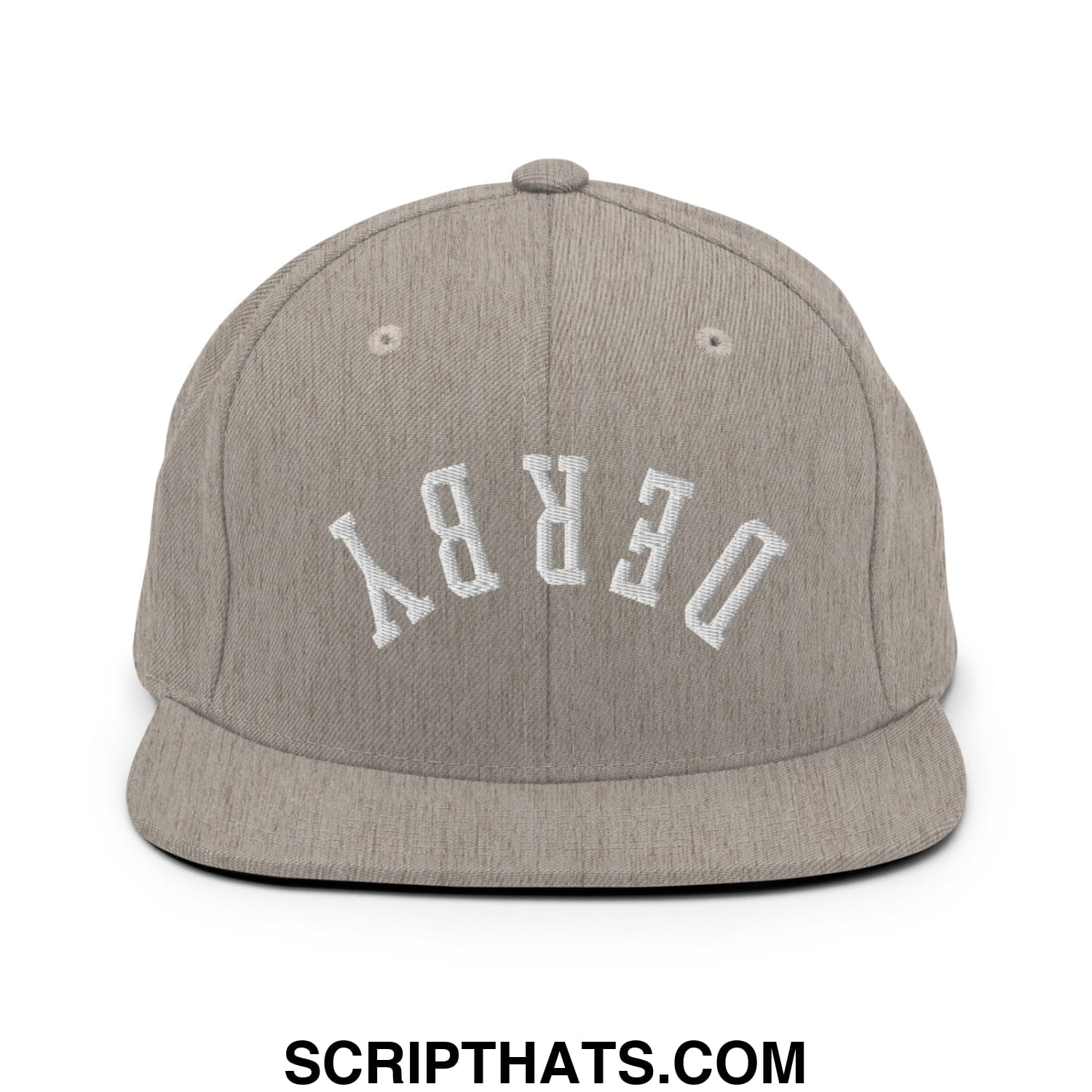 Upside Down Derby Embroidered Flat Bill Brim Snapback Hat Heather Grey