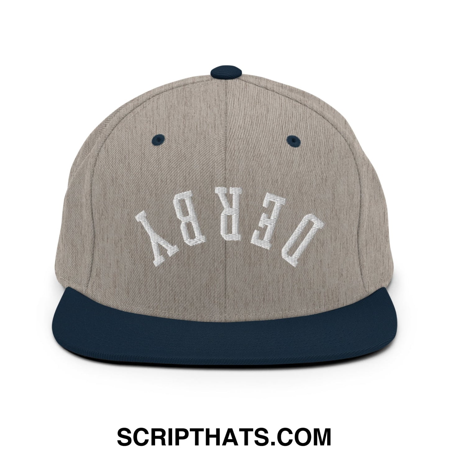 Upside Down Derby Embroidered Flat Bill Brim Snapback Hat Heather Grey Navy