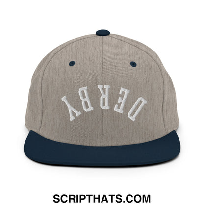 Upside Down Derby Embroidered Flat Bill Brim Snapback Hat Heather Grey Navy
