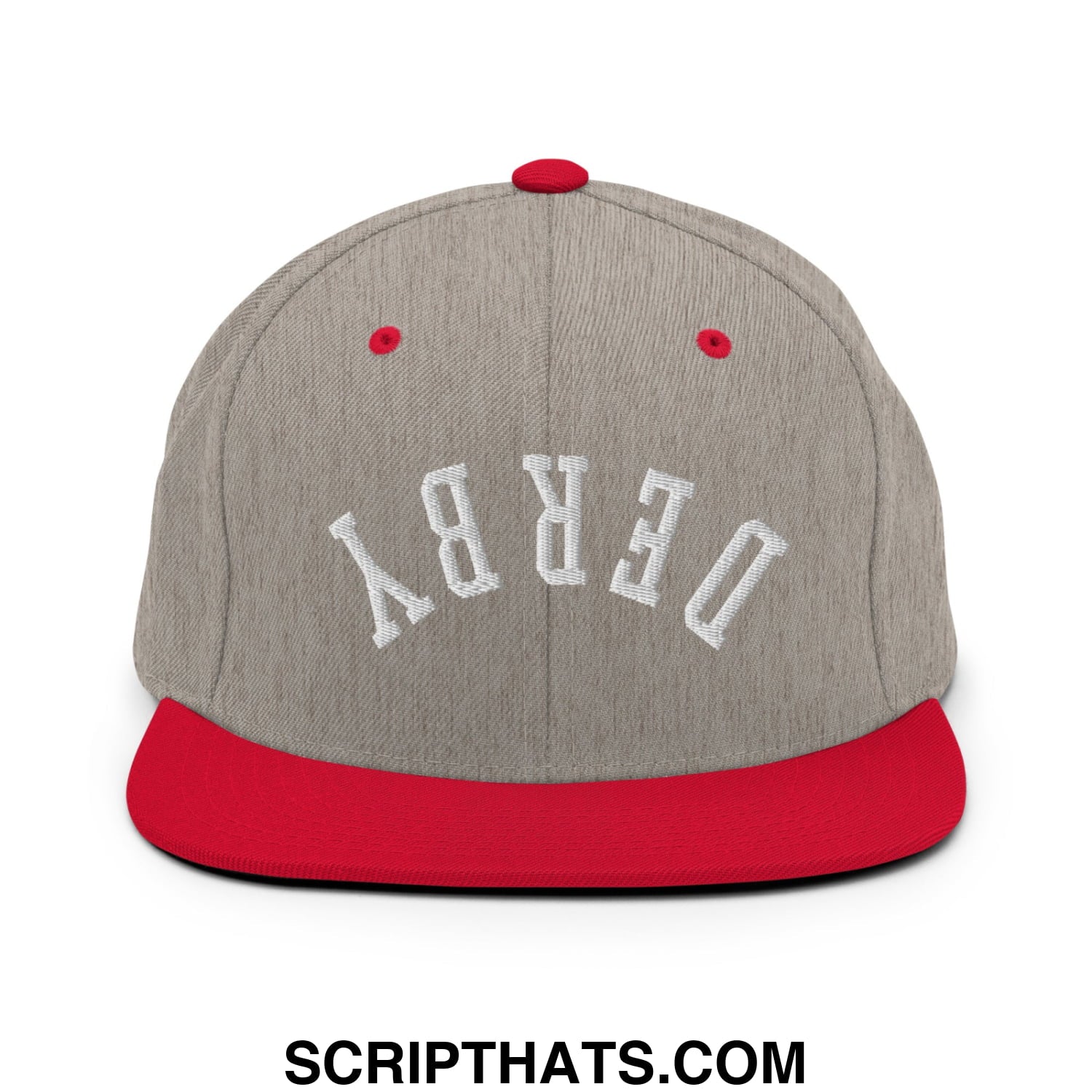 Upside Down Derby Embroidered Flat Bill Brim Snapback Hat Heather Grey Red