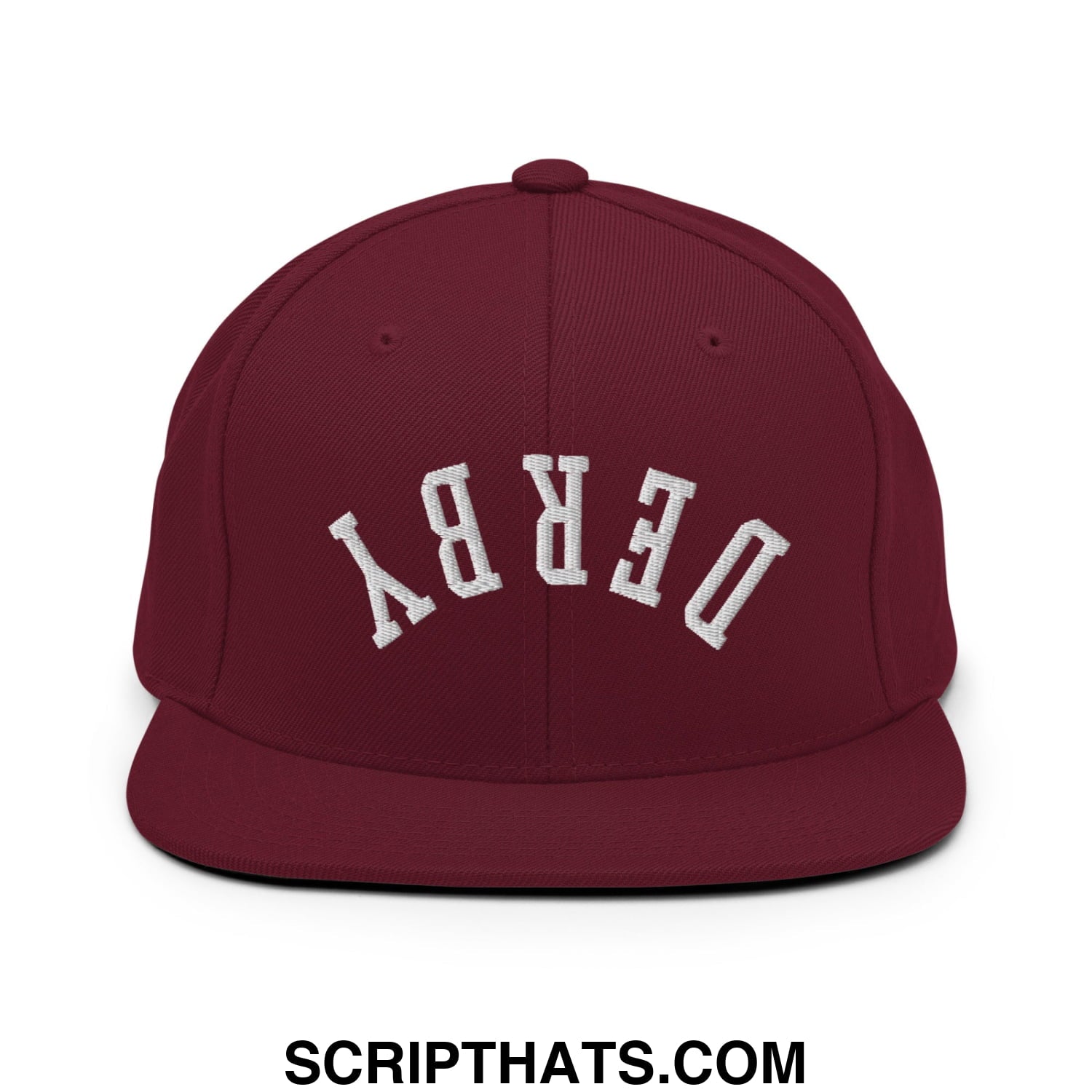 Upside Down Derby Embroidered Flat Bill Brim Snapback Hat Maroon