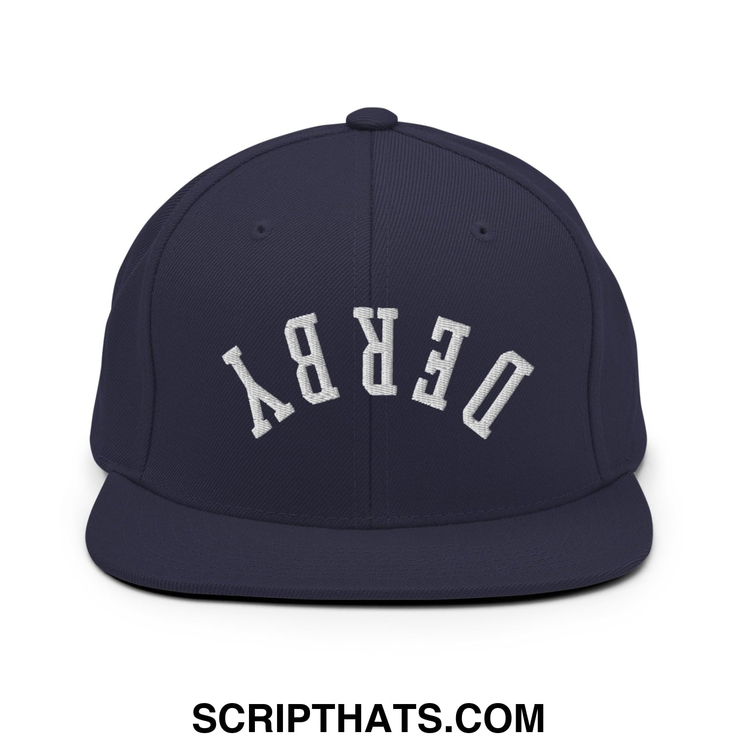 Upside Down Derby Embroidered Flat Bill Brim Snapback Hat Navy