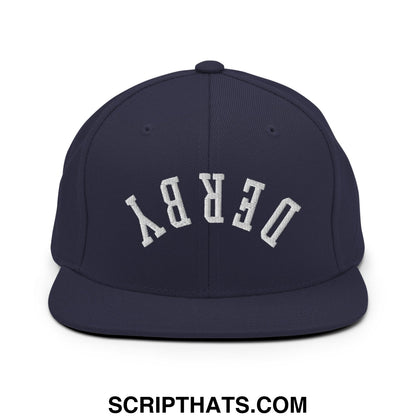 Upside Down Derby Embroidered Flat Bill Brim Snapback Hat Navy