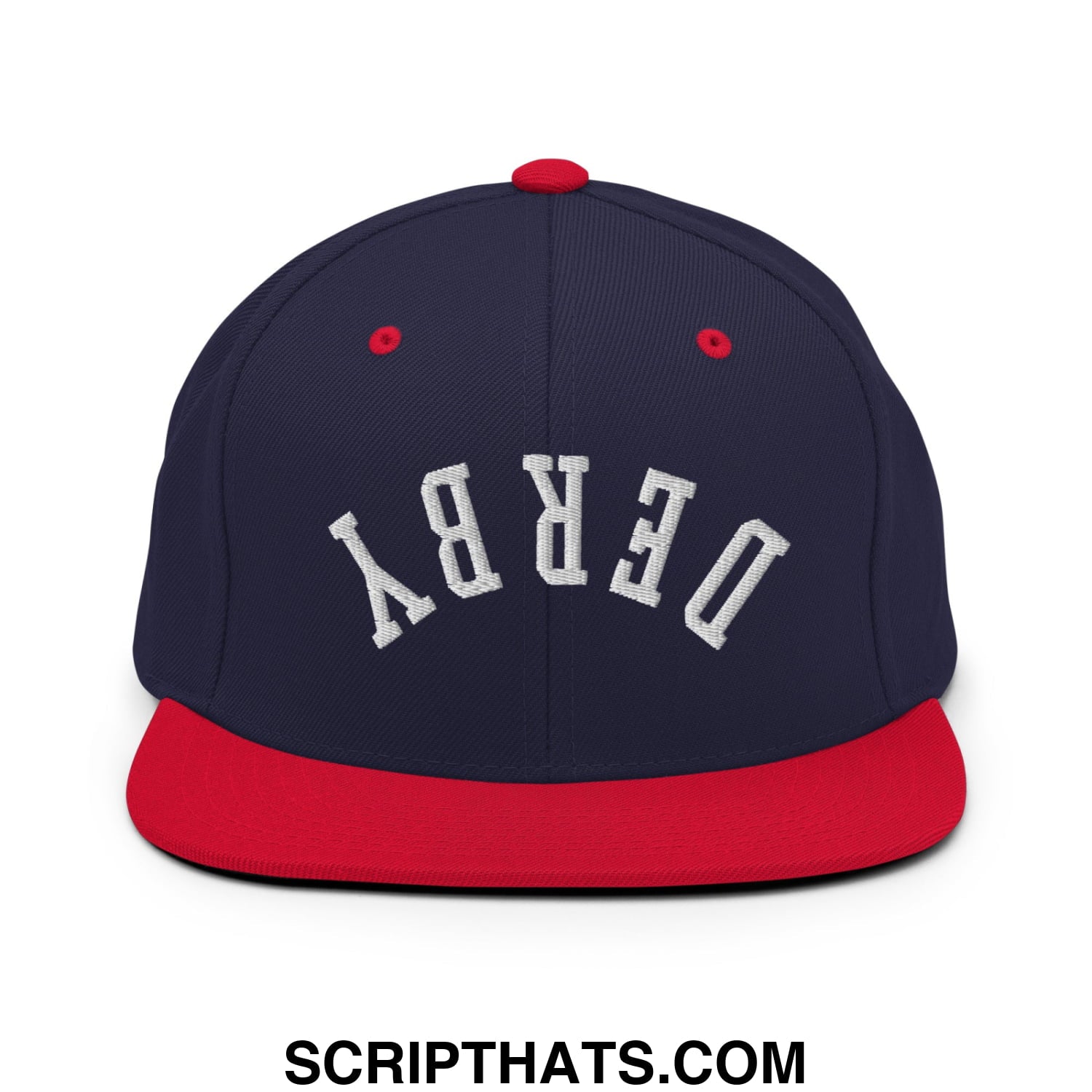 Upside Down Derby Embroidered Flat Bill Brim Snapback Hat Navy Red