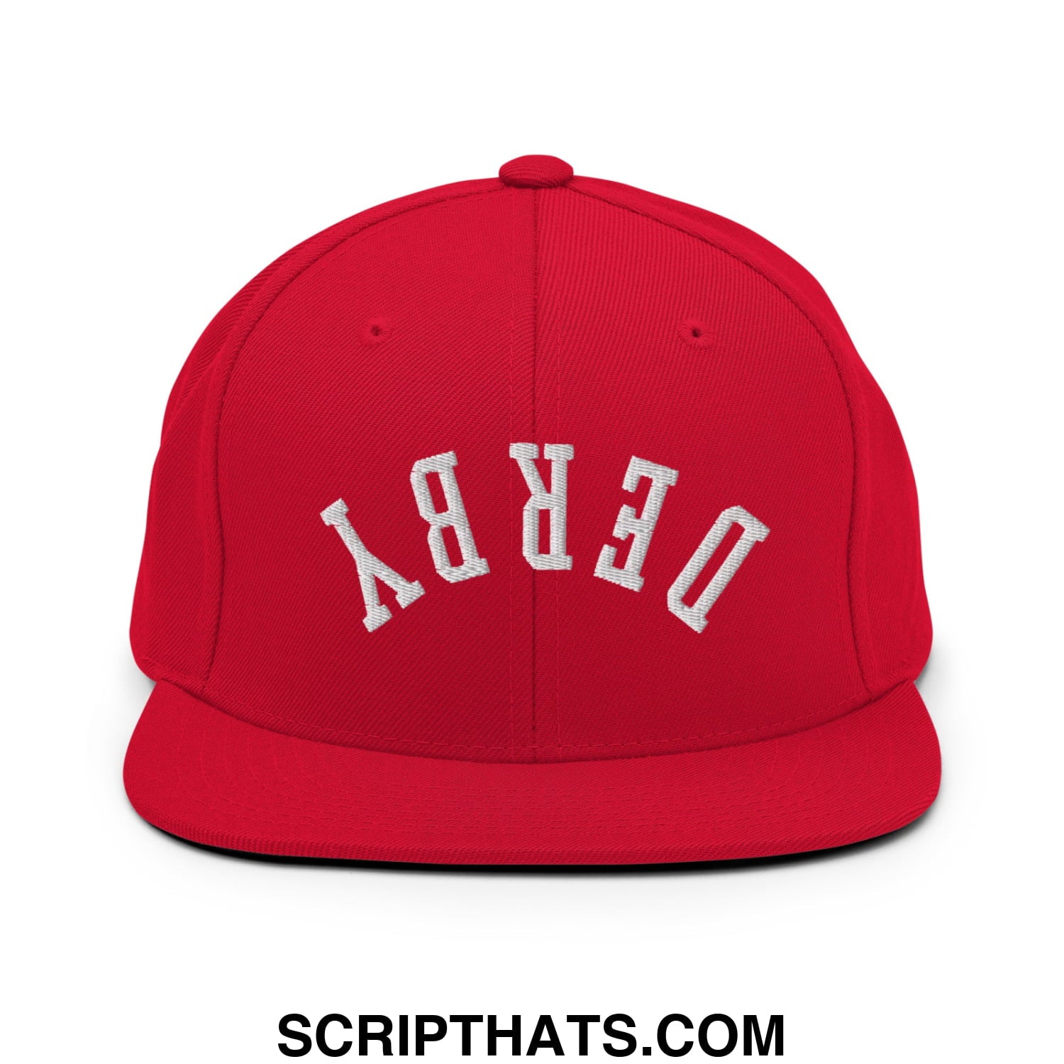 Upside Down Derby Embroidered Flat Bill Brim Snapback Hat Red