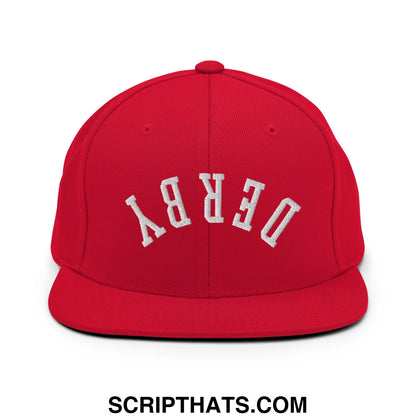 Upside Down Derby Embroidered Flat Bill Brim Snapback Hat Red