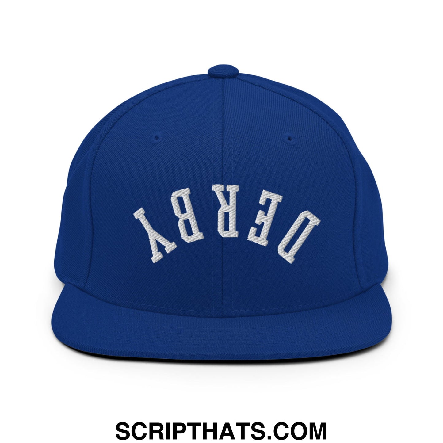 Upside Down Derby Embroidered Flat Bill Brim Snapback Hat Royal Blue