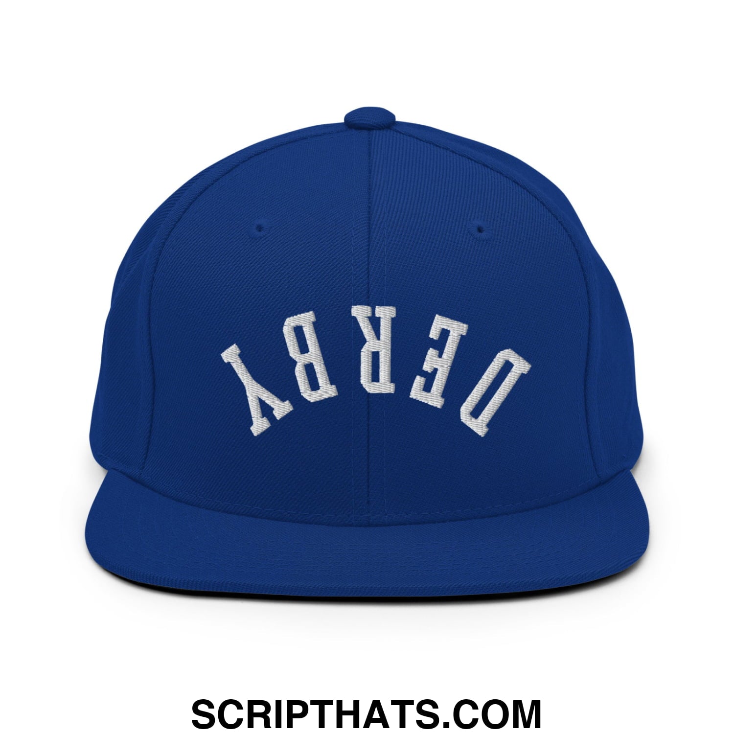 Upside Down Derby Embroidered Flat Bill Brim Snapback Hat Royal Blue