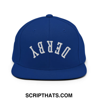 Upside Down Derby Embroidered Flat Bill Brim Snapback Hat Royal Blue