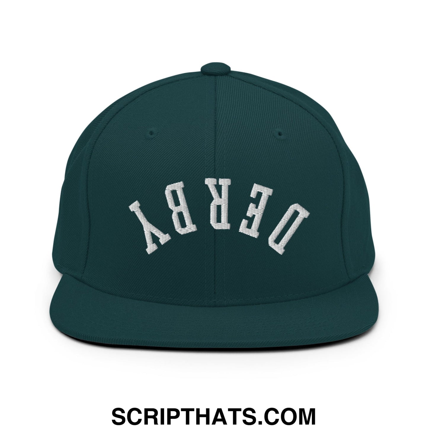 Upside Down Derby Embroidered Flat Bill Brim Snapback Hat Spruce