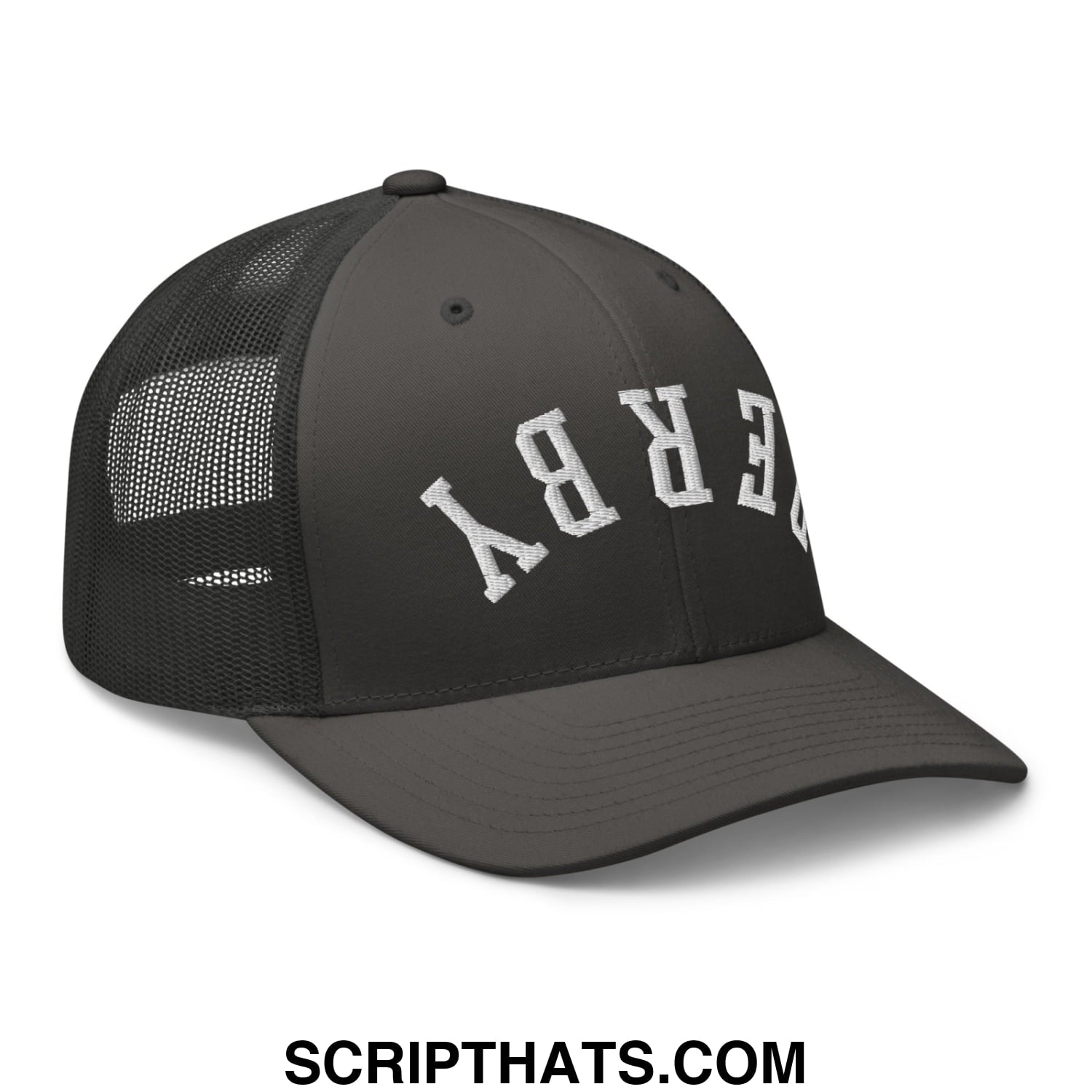 Upside Down Derby Embroidered Mesh Trucker Hat Charcoal