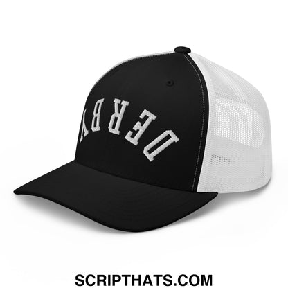Upside Down Derby Embroidered Mesh Trucker Hat Black White