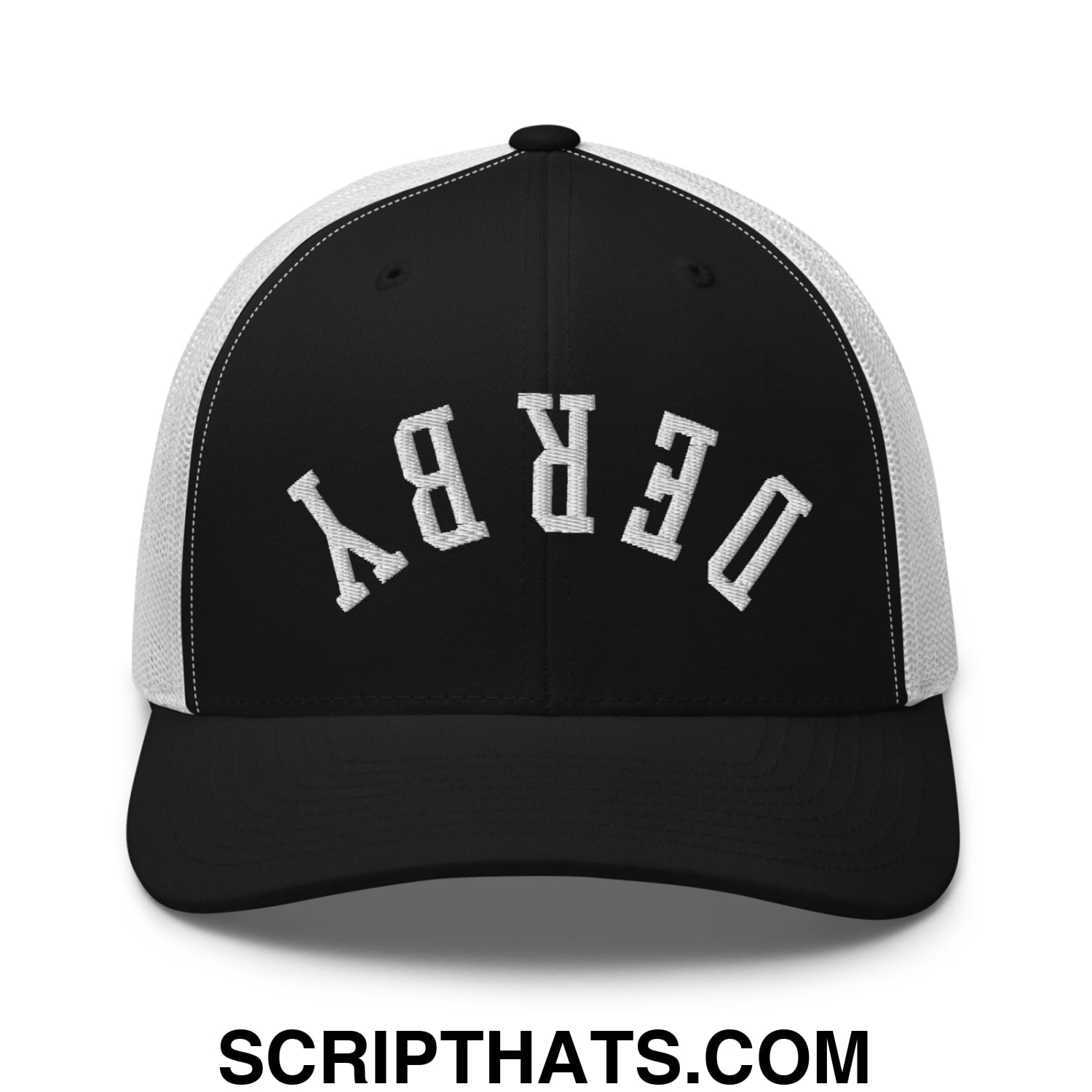 Upside Down Derby Embroidered Mesh Trucker Hat Black White