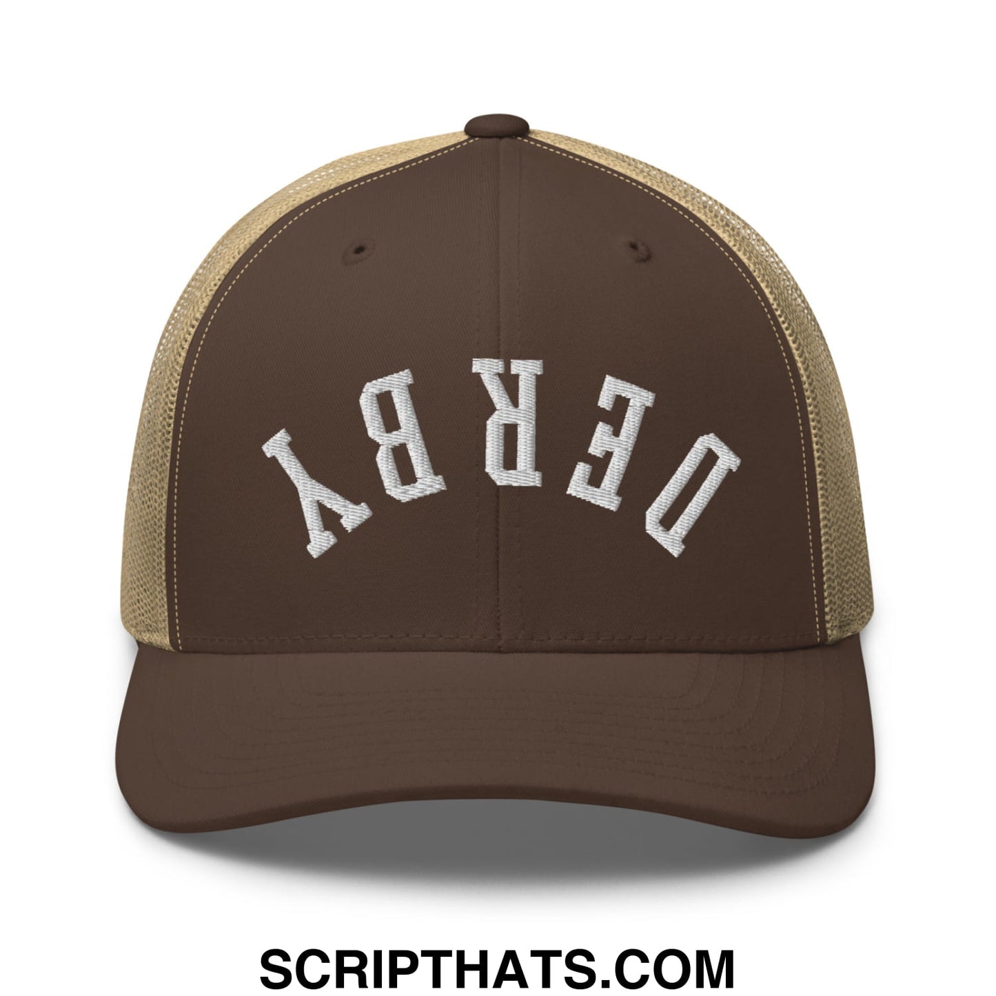 Upside Down Derby Embroidered Mesh Trucker Hat Brown Khaki