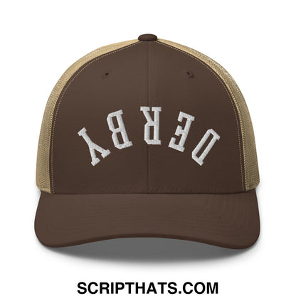 Upside Down Derby Embroidered Mesh Trucker Hat Brown Khaki