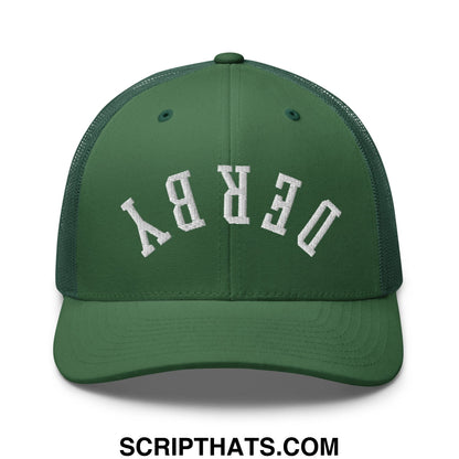 Upside Down Derby Embroidered Mesh Trucker Hat Evergreen