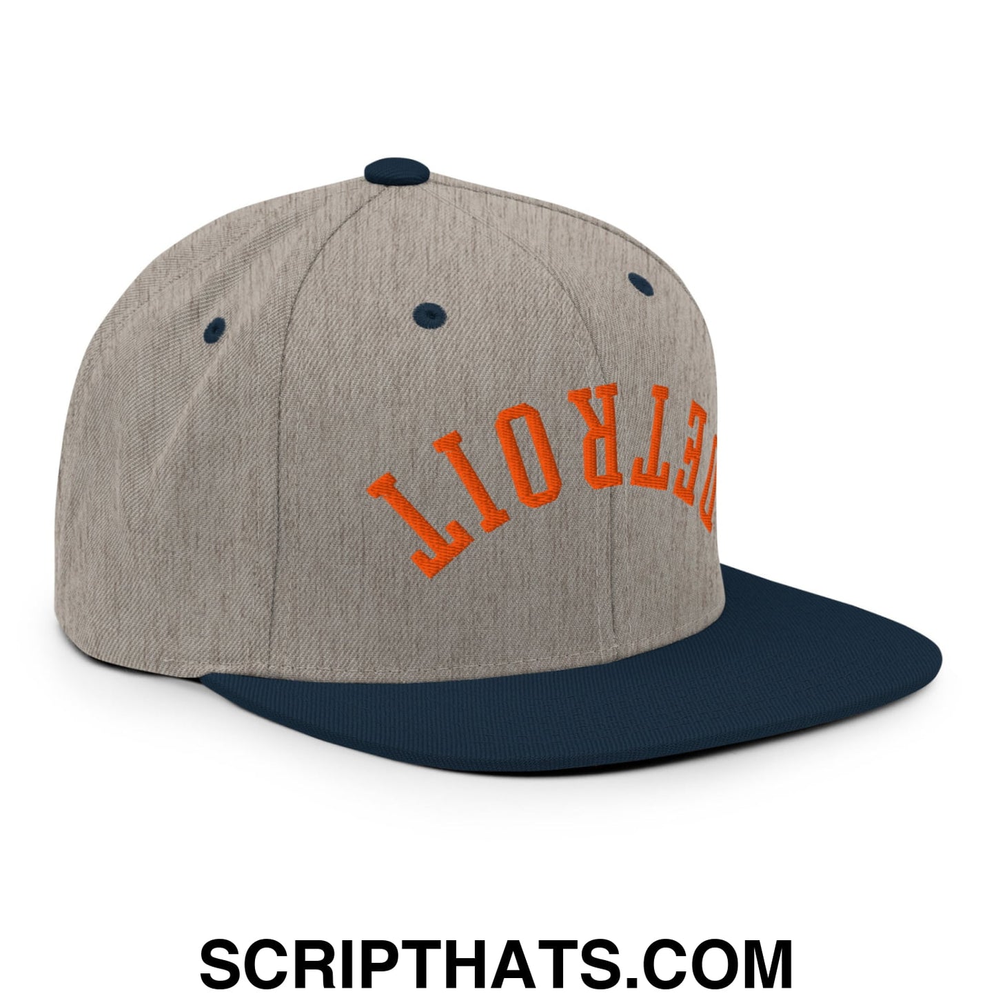 Upside Down Detroit Baseball Embroidered Flat Bill Brim Snapback Hat Heather Grey Navy