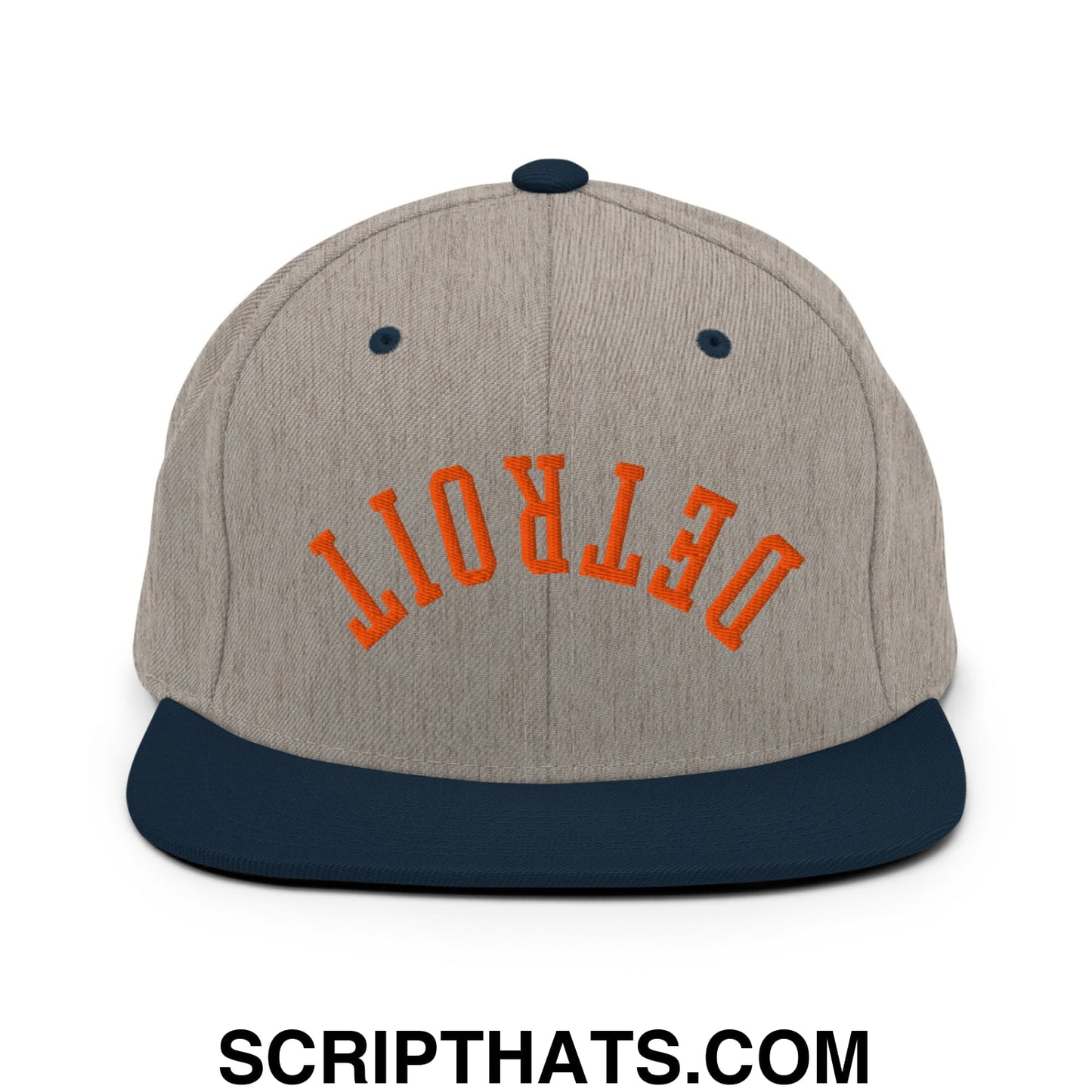 Upside Down Detroit Baseball Embroidered Flat Bill Brim Snapback Hat Heather Grey Navy