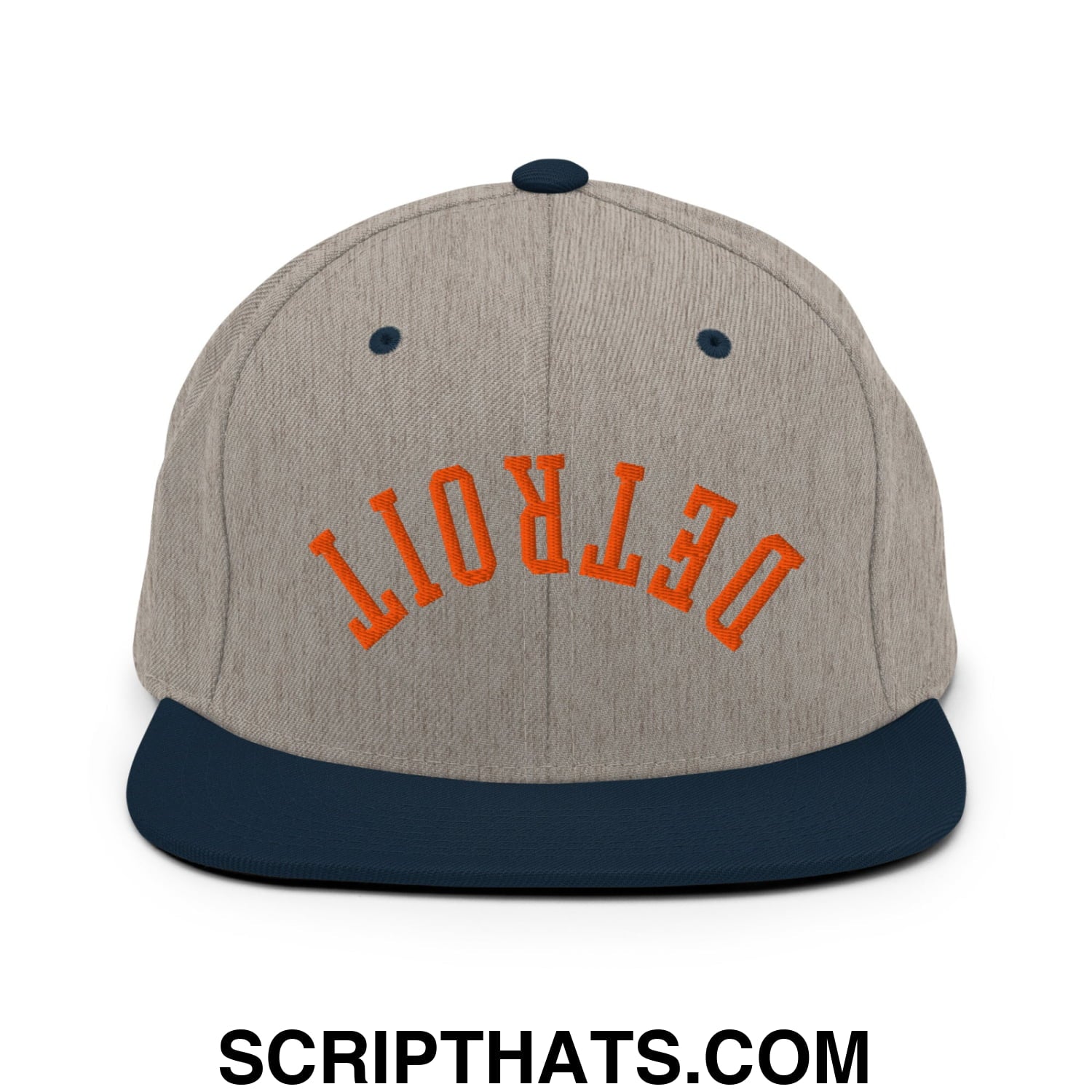 Upside Down Detroit Baseball Embroidered Flat Bill Brim Snapback Hat Heather Grey Navy