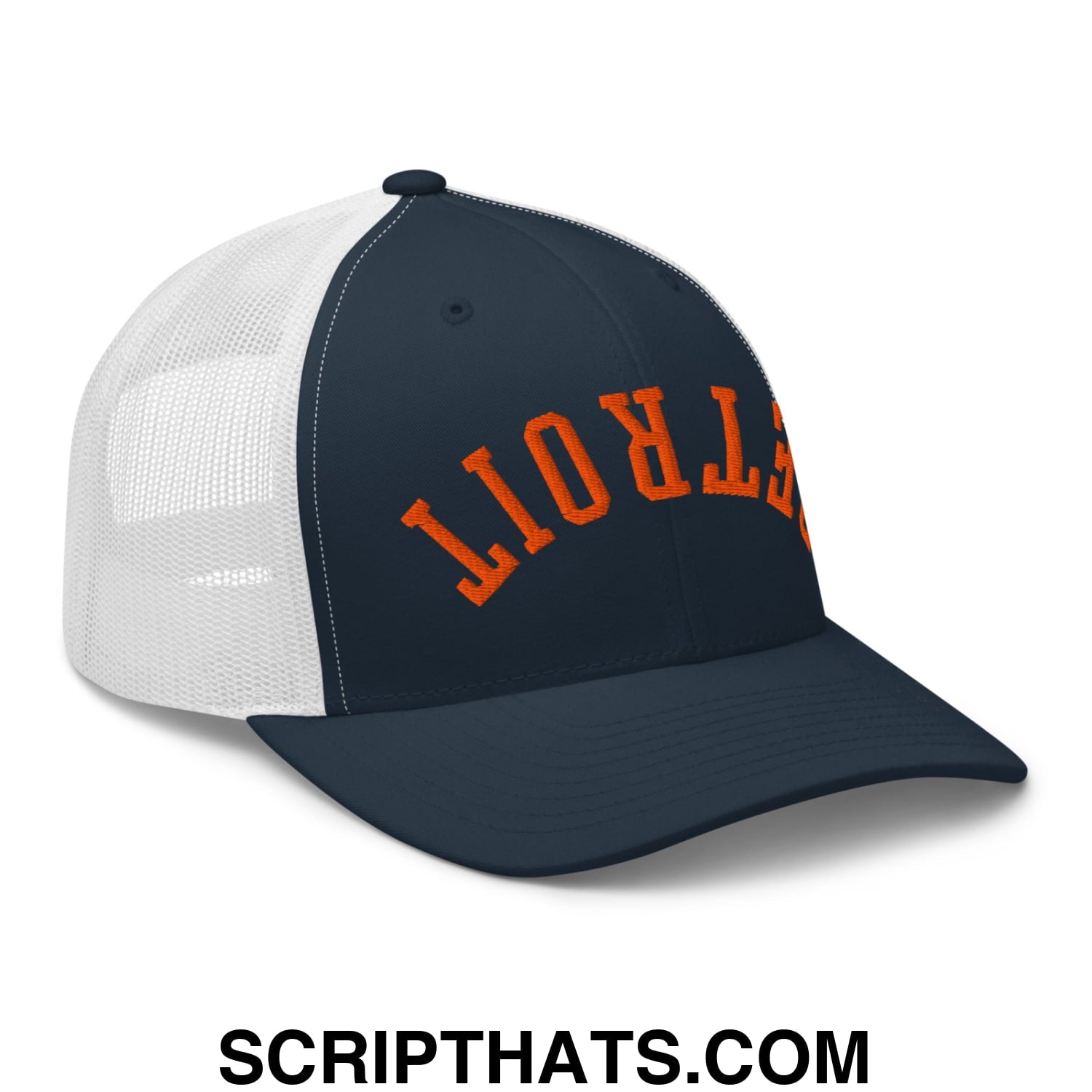 Upside Down Detroit Baseball Embroidered Mesh Trucker Hat Navy White