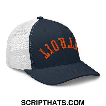 Upside Down Detroit Baseball Embroidered Mesh Trucker Hat Navy White
